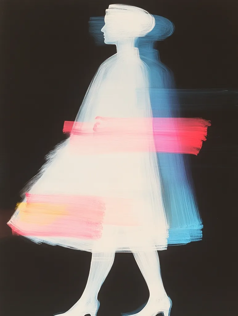 The artwork depicts a stylized female figure in profile, rendered in a blurred, motion-like effect against a stark black background.  The woman, dressed in a flowing white dress, appears to be walking.  Swathes of vibrant pink, coral, and blue brushstrokes are layered across her garment, suggesting movement and energy. The overall impression is one of fluidity, grace, and abstract expressionism.  The style is minimalist yet evocative, focusing on gesture and color rather than precise detail.