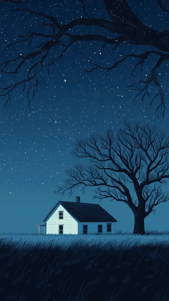 A serene illustration depicts a small, white farmhouse nestled in a field of tall grass under a starlit night sky.  Bare, dark branches of trees reach across the upper portion of the image, framing the house.  A large, leafless tree stands to the right of the house, silhouetted against the twinkling stars. The overall color palette is cool, emphasizing the night's quiet and stillness.  The scene evokes a sense of peaceful isolation and rural tranquility.