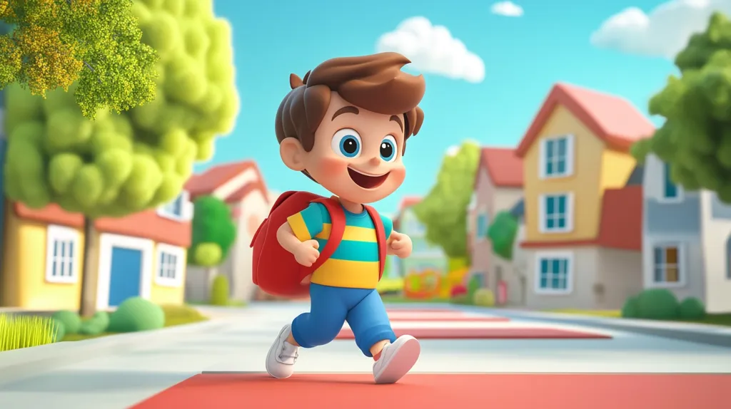 A cheerful, cartoon boy with brown hair and a red backpack strides down a brightly colored street, heading towards the viewer.  He's dressed in a yellow and teal striped shirt and blue pants, his expression joyful. The background showcases a row of cartoonish houses with lush green trees, creating a charming, idyllic suburban setting.  The overall style is playful and reminiscent of children's animation.