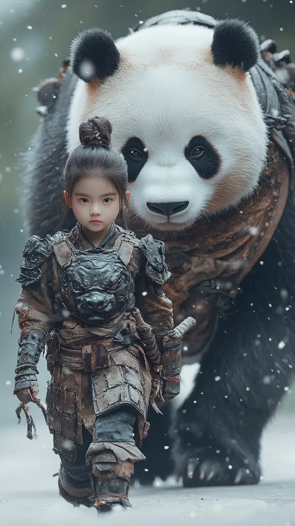 A young girl, dressed in weathered, warrior-like armor, walks confidently toward the viewer.  Behind her, a massive panda strides along, its size dwarfing the child.  Snow lightly falls around them, creating a dramatic, almost fantastical atmosphere. The image blends elements of fantasy and reality, juxtaposing the girl's fierce attire with the peaceful nature of the panda. The overall tone is one of adventure and mysterious companionship.
