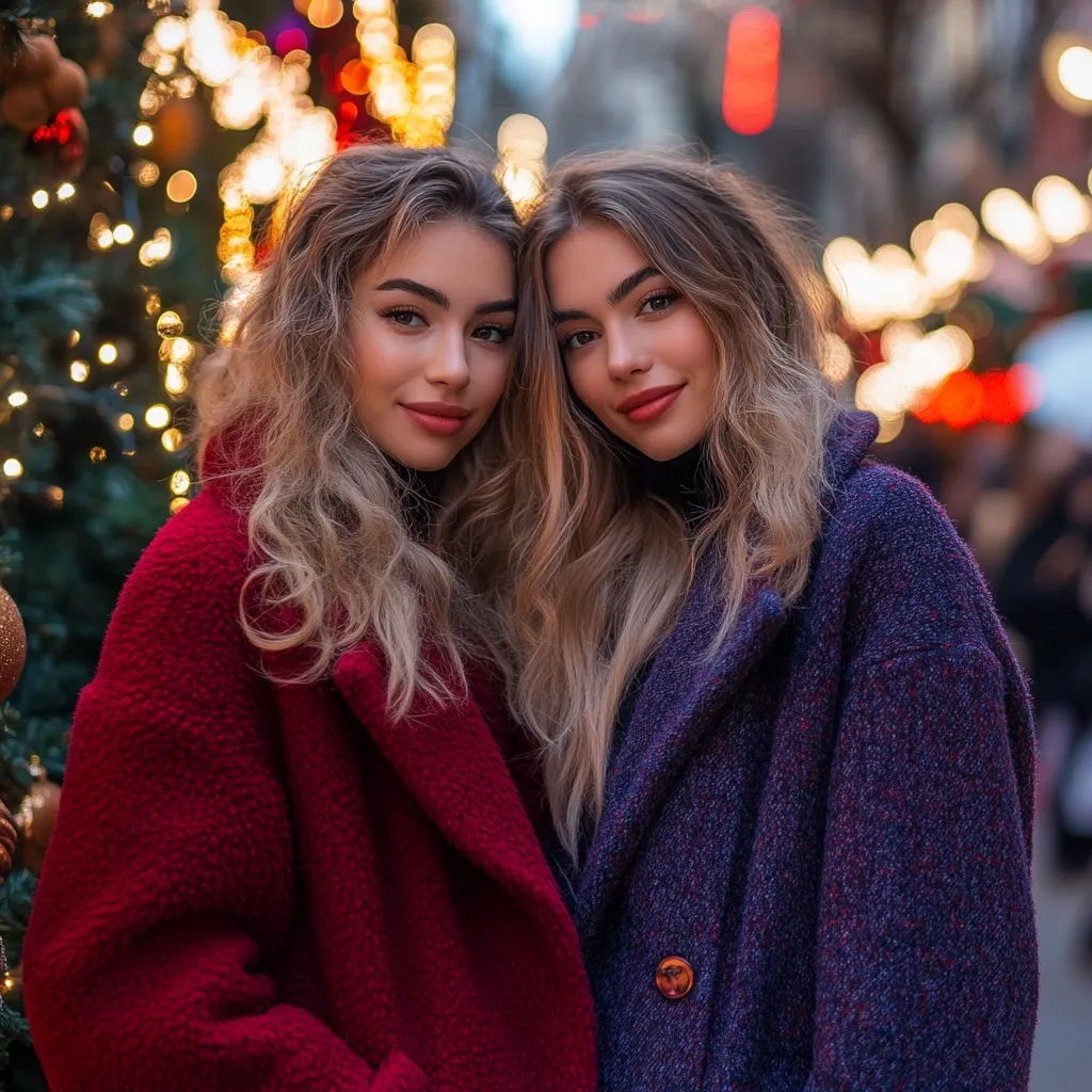 Two young women, twin-like in appearance, stand close together against a backdrop of a blurred Christmas market. One wears a vibrant red coat, the other a deep purple.  Their long, blonde hair cascades around their shoulders.  They are smiling gently at the camera, creating a warm and festive atmosphere.  The bokeh effect from the Christmas lights accentuates their closeness and the celebratory ambiance.