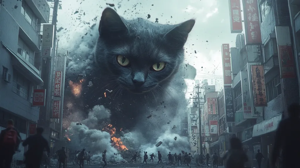 A colossal, dark grey cat looms over a city street in a dramatic digital artwork.  The cat's intense gaze dominates the scene, its massive form causing widespread destruction.  Buildings crumble, fires rage, and debris rains down as panicked figures flee the cataclysmic event. The atmosphere is dark and apocalyptic, with smoke and dust obscuring the scene.  Japanese signage on the buildings hints at an Asian urban setting. The image combines elements of fantasy and disaster to create a striking and surreal effect.