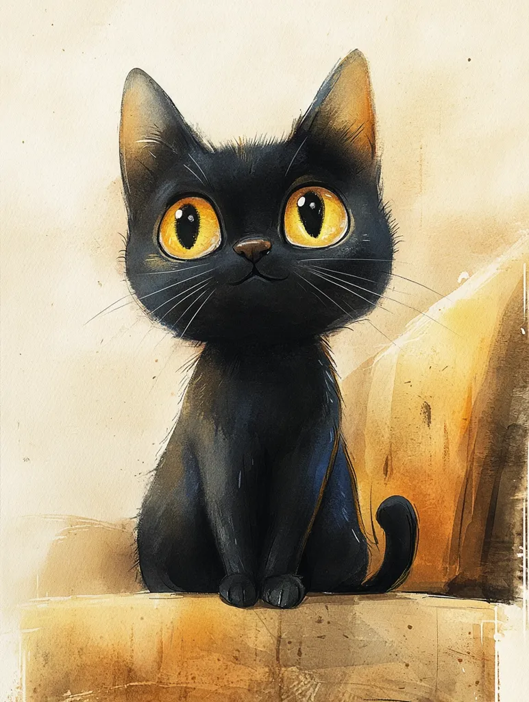 Here is a description of the image:

The illustration showcases a charming, cartoonish black kitten with oversized, bright yellow eyes. It's depicted sitting upright on what appears to be a tan, textured surface, possibly a piece of furniture or a cushion. The kitten's expression is sweet and curious, its gaze directed slightly upward. The artistic style is soft and painterly, with visible brushstrokes, giving it a watercolor-like feel. The background is a muted beige, drawing focus to the kitten. The overall mood is one of gentle affection and whimsy.