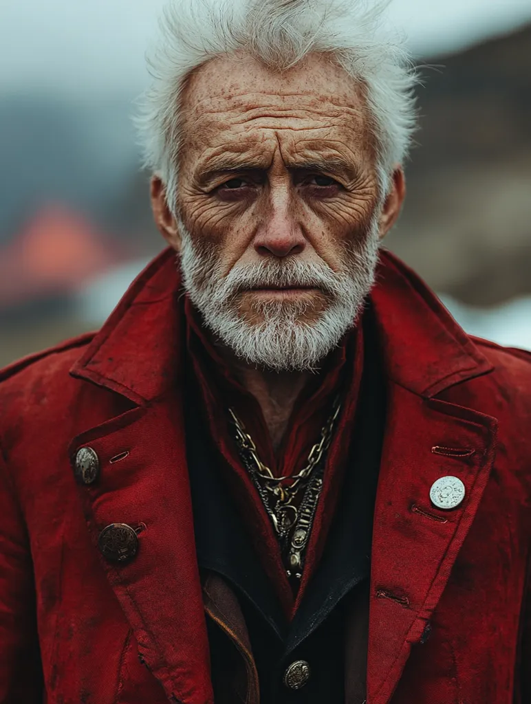 Here's a description of the image:

Close-up portrait of an elderly man with long, white, slightly disheveled hair.  His face is deeply lined and weathered, showing the effects of age, and he has a full, white beard.  He wears a crimson-red coat with dark undergarments and several ornate metal buttons and pins visible.  A layered necklace with metallic pendants hangs at his chest. The background is blurred, suggesting an outdoor setting.  His expression is serious and intense, conveying a sense of age, wisdom, and perhaps a touch of weariness. The overall tone is dramatic and slightly melancholic.