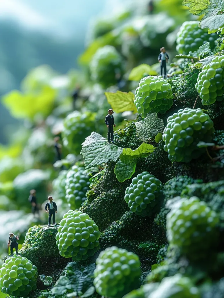 Here's a description of the image:

The photograph showcases a whimsical scene of miniature figures, dressed in business attire, navigating a landscape of vibrant green, berry-like clusters.  These clusters, possibly unripe grapes or similar fruit, are densely packed together on a mossy surface. The miniature people are scattered throughout the scene, adding a playful contrast to the natural setting. The background is softly blurred, focusing attention on the miniature world within the foreground's lush, green vegetation. The overall impression is one of surreal juxtaposition and vibrant natural detail.