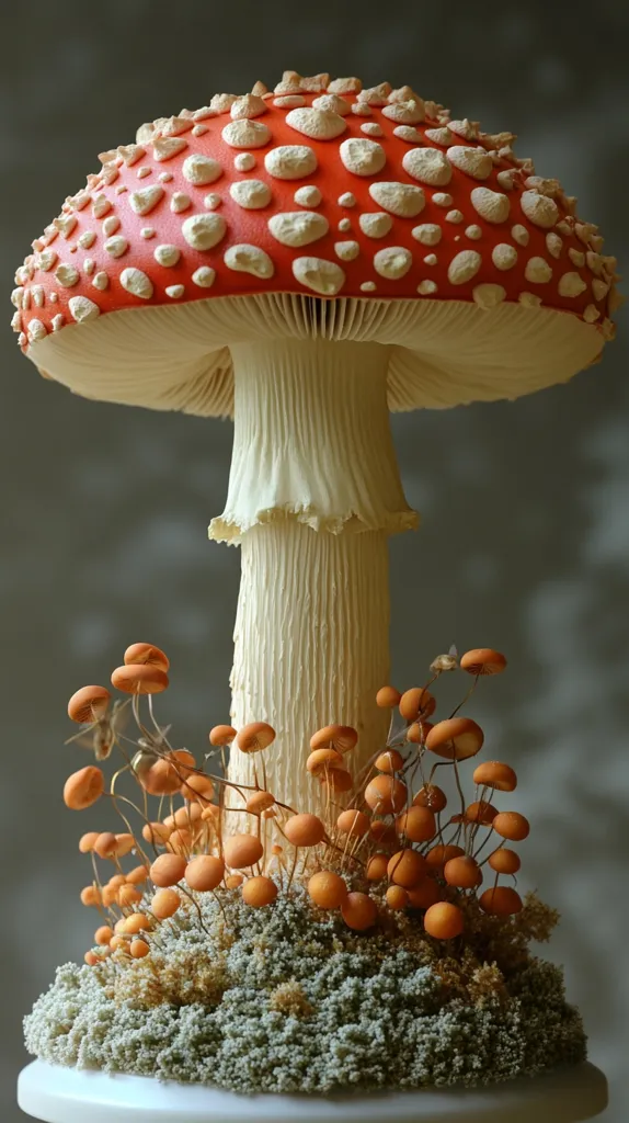 Here's a description of the image:

A meticulously crafted model of a fly agaric mushroom dominates the scene.  Its vibrant red cap is speckled with characteristic white warts, and the stem is long, white, and textured. At the base, a cluster of smaller, orange mushrooms sprout from a bed of realistic-looking grey-green moss, creating a miniature woodland scene. The entire display rests on a simple white platform, enhancing the detailed artistry of the fungal arrangement.  The background is a muted grey-brown, which provides a neutral contrast and focuses attention on the mushroom display.