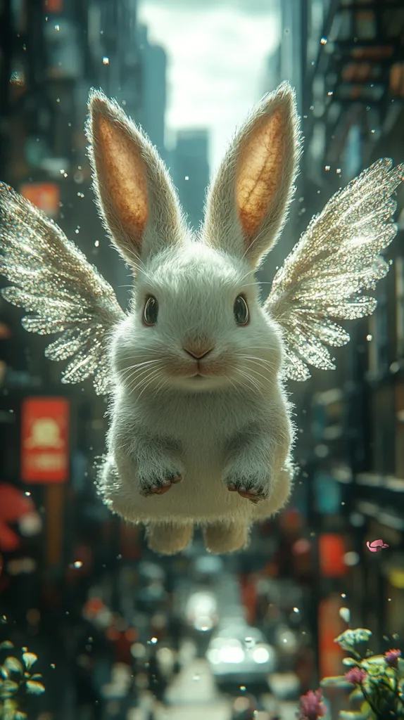 A fluffy white rabbit with delicate, iridescent wings floats in mid-air.  Its large ears are slightly back, and it gazes directly at the viewer with wide, innocent eyes.  The background is a blurred cityscape, suggesting a fantastical, surreal scene.  Water droplets or sparkling particles surround the rabbit, enhancing the magical ambiance. The rabbit appears peaceful and serene amidst the urban backdrop.