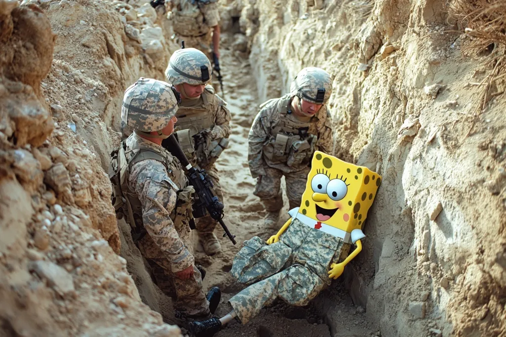 Here's a description of the image:

The photograph depicts a humorous juxtaposition of war and cartoon.  Three soldiers in US Army camouflage uniforms are in a sandy trench.  They appear to be tending to a large, cartoonish figure of SpongeBob SquarePants, also dressed in camouflage, who is seated amongst them. The scene is set in a desert environment, with the soldiers' serious expressions contrasting sharply with SpongeBob's cheerful demeanor. The image is surreal and slightly unsettling, merging the harsh reality of war with the lightheartedness of a children's cartoon.