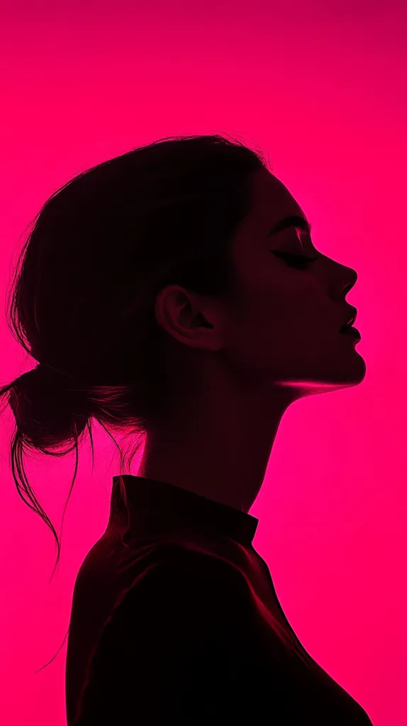 Here's a description of the image:

The image is a dramatic close-up profile silhouette of a woman against a vibrant, hot pink background.  Her dark hair is styled in a low bun, and she's wearing a high-necked, dark-colored top.  Her face is in profile, eyes closed, suggesting serenity or contemplation. The stark contrast between the dark silhouette and the bright pink creates a striking and visually arresting image, emphasizing the woman's elegant form. The overall mood is one of mystery and stylish minimalism.