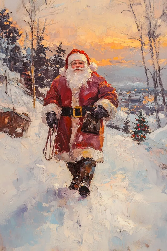 Here's a description of the image:

The painting depicts Santa Claus walking through a snowy landscape at sunset. He's dressed in his traditional red suit, complete with a white beard and hat.  He carries a small bag and appears to be pulling a sled, partially visible in the background. The background shows a snow-covered hill, trees dusted with snow, and a distant town illuminated by the warm glow of the setting sun.  The style is painterly and impressionistic, with visible brushstrokes conveying texture and movement. The overall mood is peaceful and evokes the magic of Christmas.
