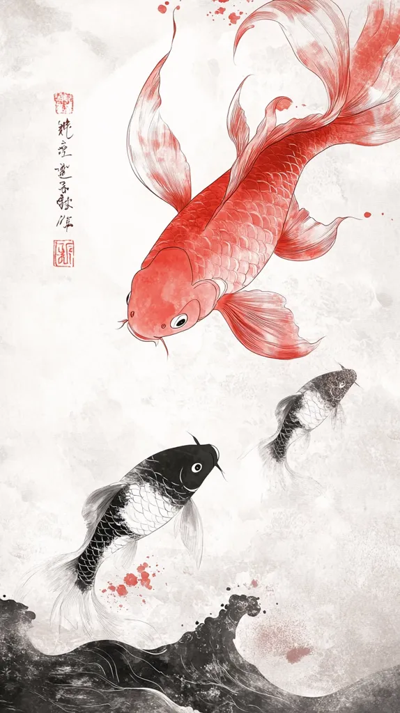 Here's a description of the image:

The artwork presents a stylized depiction of koi fish in a minimalist, East Asian style.  A large, vibrant red koi dominates the upper portion, its fins elegantly extended.  Below, two smaller koi, one black and white, are shown swimming near a suggested wave at the bottom. The background is a soft, textured off-white with subtle splashes of red and grey, echoing watercolor techniques.  A seal or signature is visible in the upper left corner adding to the artistic authenticity. The overall effect is serene and graceful, showcasing the beauty of the fish and the fluidity of water.
