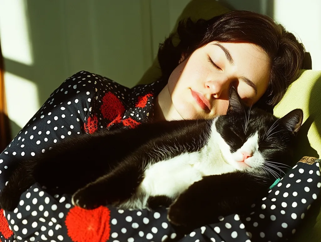 Here's a description of the image:

Sunlight streams onto a young woman sleeping peacefully on a green cushion.  She's nestled against a tuxedo cat, its black and white fur contrasting with her black and white polka dot dress. The woman's eyes are closed, and her expression is serene. The cat appears equally relaxed, its head resting gently against her.  The scene is intimate and captures a moment of quiet contentment between the woman and her pet.  Red crocheted details are visible on the woman's dress.