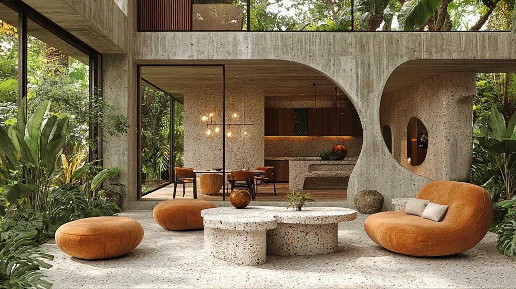Here's a description of the image:

The image showcases a modern, open-plan living space seamlessly integrated with nature. Large windows frame lush tropical greenery, blurring the lines between indoors and outdoors. The interior features a minimalist design with exposed concrete walls speckled with small stones, adding a textural element. The furniture is contemporary, including low, rounded orange seating, and a unique terrazzo coffee table.  A dining area with wooden chairs and a simple table is visible in the background, and the kitchen is sleek and minimalist, reflecting the overall aesthetic. The lighting is soft and warm, enhancing the serene atmosphere.