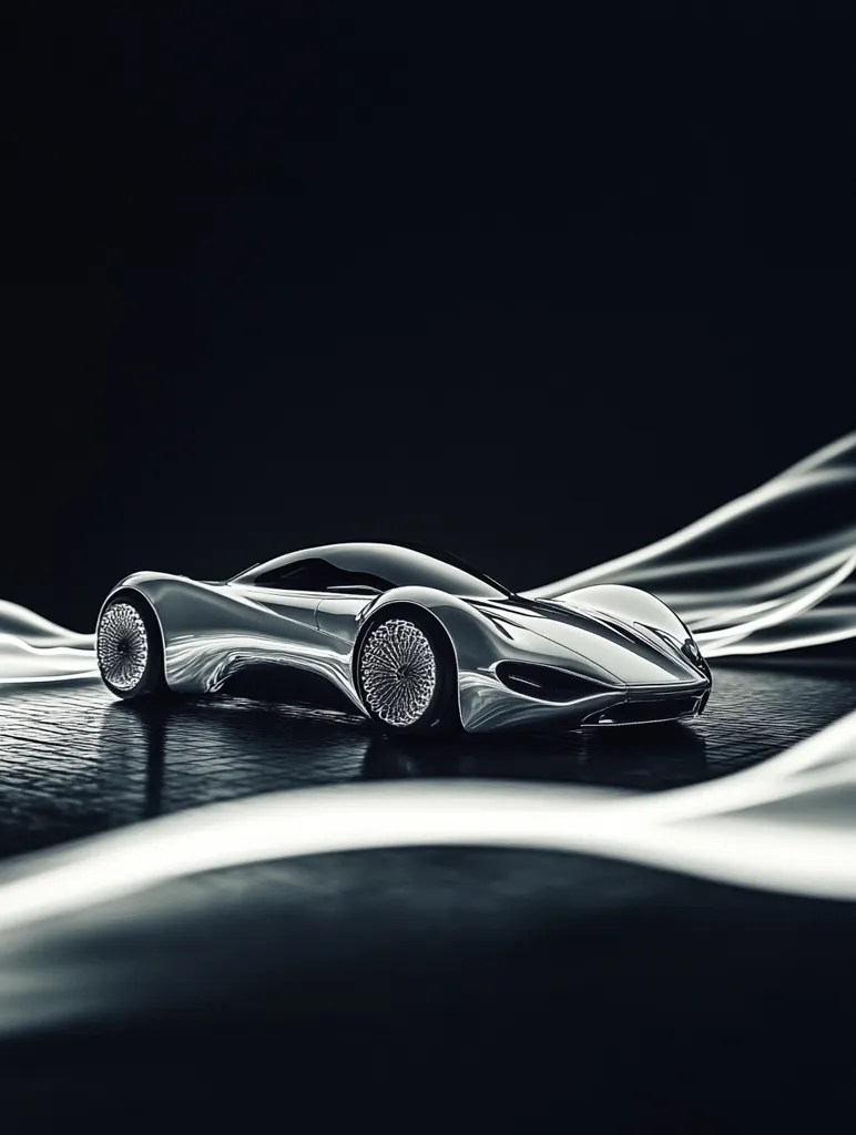 A sleek, silver futuristic sports car rests on a dark, abstract surface.  The car's design is smooth and aerodynamic, with unique, intricate wheel designs.  It's positioned slightly off-center, against a backdrop of dark, flowing, almost liquid-like textures. The overall mood is one of high-tech elegance and mystery.  The lighting emphasizes the car's metallic sheen and curves.