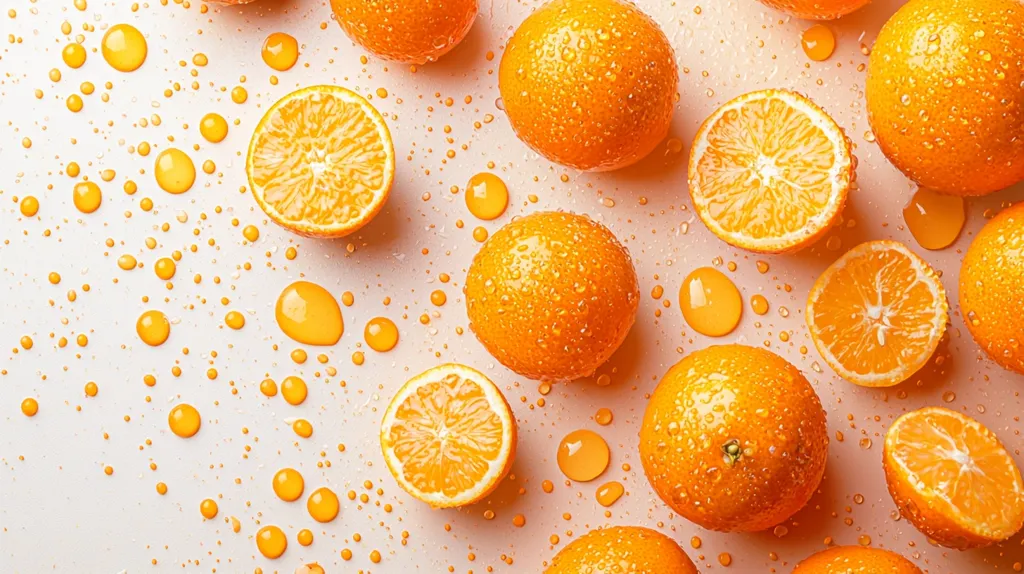 Here's a description of the image:

A vibrant overhead shot showcases numerous oranges and tangerines, glistening with water droplets, arranged artfully on a pale peach background.  Some oranges are halved, revealing their juicy segments, while others remain whole.  The scattered water droplets add a sense of freshness and juiciness, complementing the bright citrus fruits.  The overall composition is visually appealing and suggests a refreshing, healthy theme.