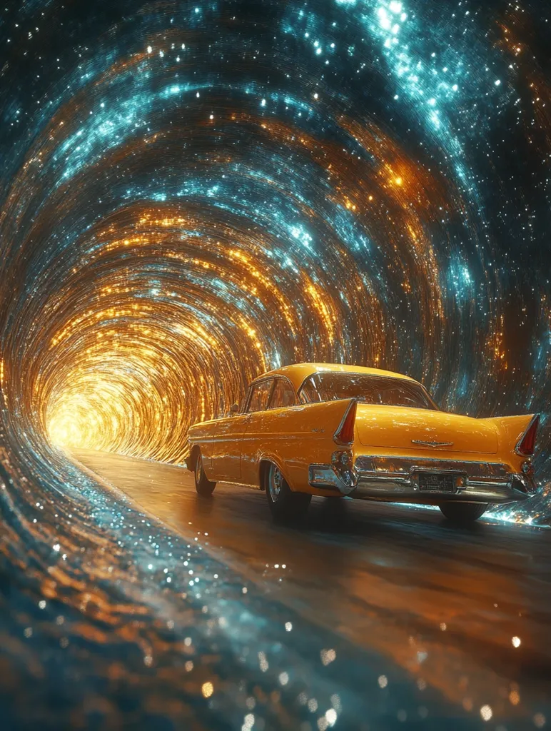 A vibrant digital artwork depicts a classic yellow car driving through a swirling tunnel of light.  The tunnel's walls resemble a cosmic nebula, a blend of teal and gold shimmering particles creating a mesmerizing effect.  The car, seemingly from the mid-20th century, is rendered with sharp detail against the fantastical backdrop, suggesting a journey through space or time. The scene is surreal and dreamlike, inviting the viewer to imagine the destination beyond the tunnel's radiant end.