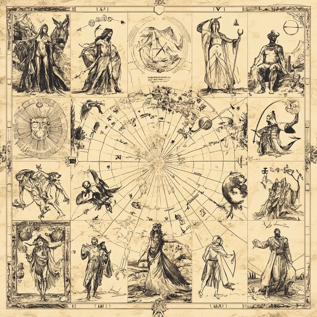 This image is a detailed, sepia-toned illustration resembling an antique map or celestial chart.  It features a grid layout with numerous hand-drawn figures in classical attire, interspersed with symbolic imagery.  Central is a circular, radiating design possibly representing a cosmos or constellations. The style is reminiscent of woodcut prints or etchings, with fine lines and shading creating a sense of age and artistry.  Surrounding scenes depict figures engaged in various activities, possibly allegorical or mythological in nature.  The overall effect is one of mystical and historical significance.