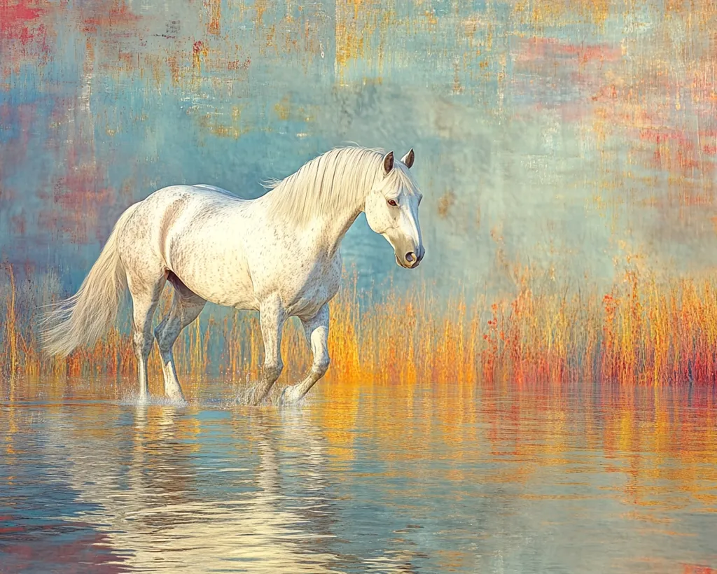 A dappled grey horse walks through shallow, calm water.  The horse's white mane and tail flow behind it.  The background features a textured, abstract painting-like style in muted blues, oranges, and reds, suggesting a sky and autumnal reeds. The water reflects the colors of the background and the horse, creating a serene and artistic composition. The overall impression is one of peace and tranquility.