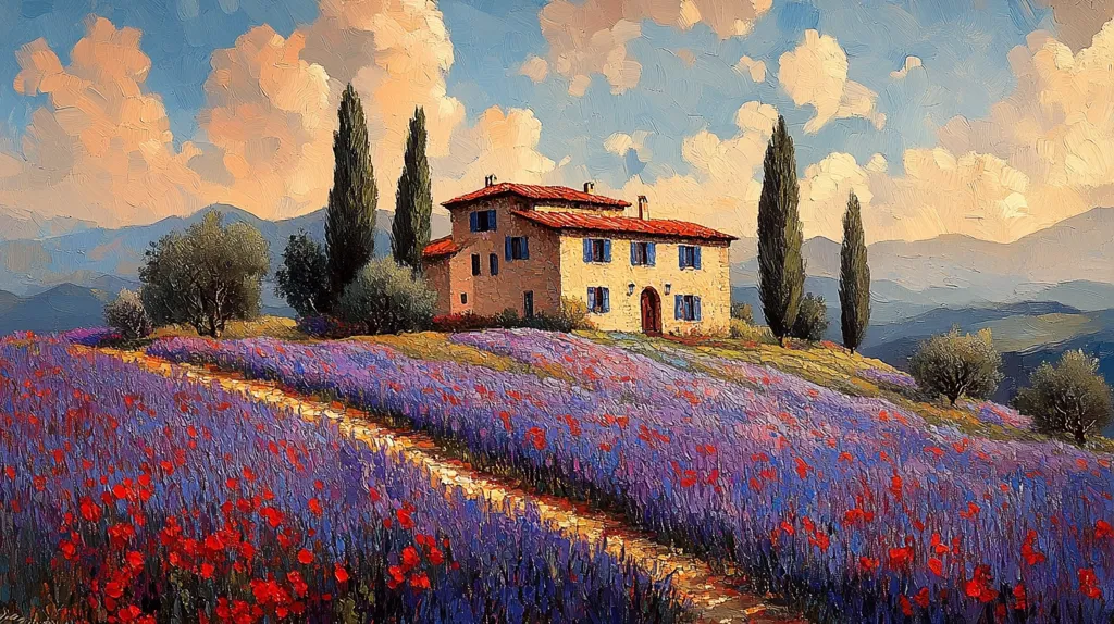 Here's a description of the image:

A picturesque Tuscan landscape unfolds, dominated by a charming, light-beige villa with a terracotta roof. The house, featuring blue shutters and a central entrance, sits serenely atop a hill blanketed in a vibrant field of lavender, punctuated by scattered red poppies. Tall, slender cypress trees flank the villa, adding to the idyllic scene. Rolling hills and mountains form a hazy backdrop under a partly cloudy, sun-drenched sky. Two meandering paths wind through the lavender, leading the eye deeper into the tranquil countryside. The overall style evokes a sense of peaceful serenity and classic Italian beauty.