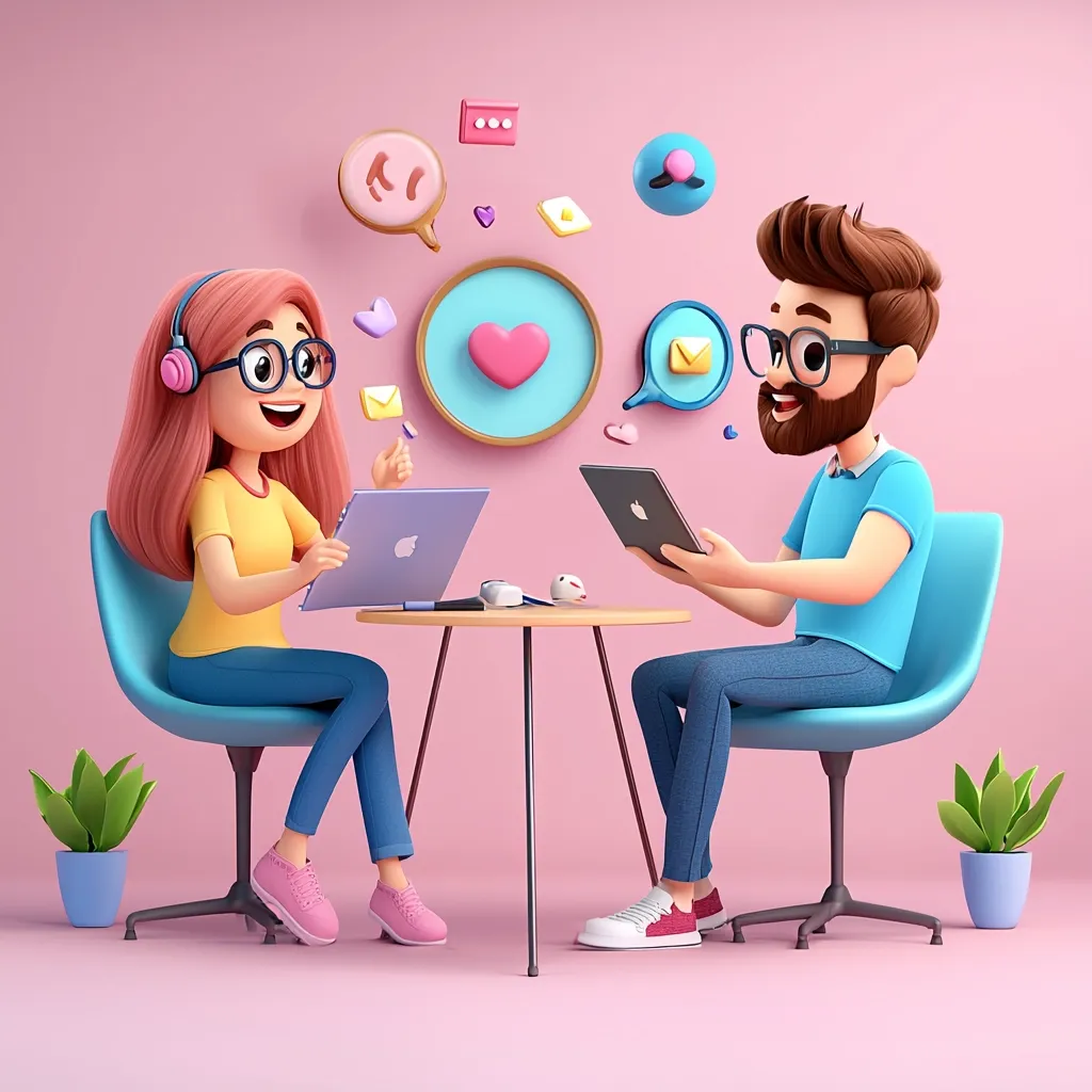 A 3D-rendered illustration shows a cartoon man and woman sitting at a small table, each using a laptop.  They are surrounded by playful, pink-hued social media icons, suggesting online connection and communication. The woman wears headphones, and both characters have expressive features and stylish casual attire. The overall scene is light, friendly, and indicative of modern digital interaction.  The pastel pink background complements the cheerful mood.