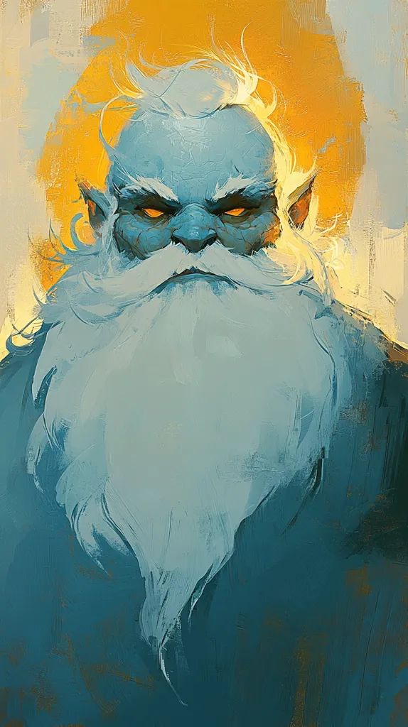 The painting depicts a powerful, aged figure, possibly a mythical being or elder, with strikingly blue skin.  His long, white beard dominates the lower half of the portrait, contrasting with his intense, golden-flecked eyes.  The background is a warm, yellow-orange halo, suggesting light or divinity.  The style is painterly and expressive, with visible brushstrokes creating texture and depth. The overall mood is one of strength and wisdom, tinged with a sense of mystery.