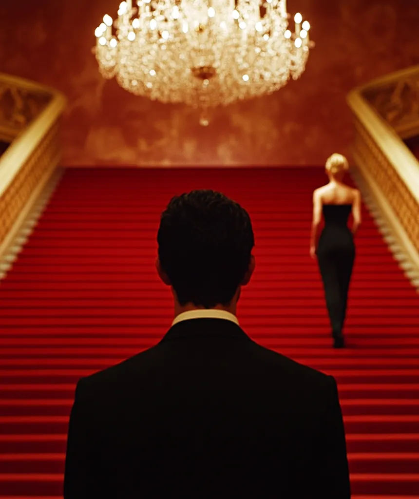 A man in a tuxedo stands with his back to the camera on a grand, red carpeted staircase.  A woman in a black dress walks away from him, ascending the stairs.  A large, ornate crystal chandelier hangs above them, illuminating the opulent setting. The scene evokes a sense of elegance, mystery, and perhaps a romantic pursuit. The red carpet and architecture suggest a formal event or significant occasion.