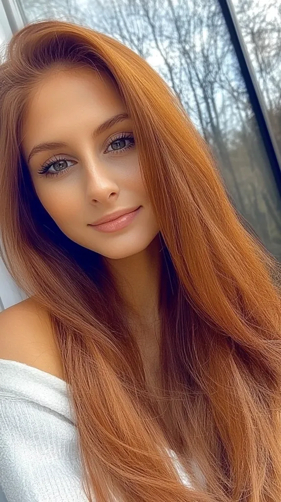 Here's a description of the image:

Close-up portrait of a young woman with long, flowing auburn hair that cascades down her shoulders and back.  Her skin is fair and her makeup is natural, highlighting her light green eyes.  She's wearing a simple, off-the-shoulder white top. The background is softly blurred, showing bare trees through a window, suggesting an outdoor setting. The overall mood is serene and attractive, showcasing the woman's beauty and hair.