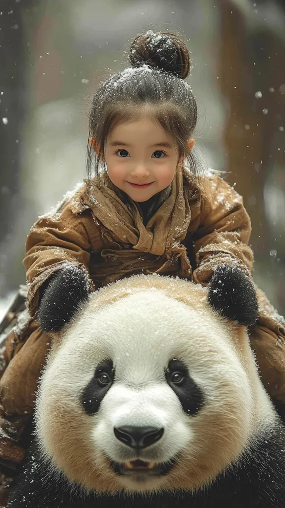 A young girl with dark hair in a topknot sits atop a giant panda.  Snowflakes gently fall around them. The girl wears a brown, fur-lined coat and looks directly at the camera with a sweet expression.  The panda, equally adorable, gazes calmly ahead. The scene is peaceful and evokes a sense of wonder and the beauty of nature.  The image is sharply focused, highlighting the textures of the fur and the girl's soft skin.