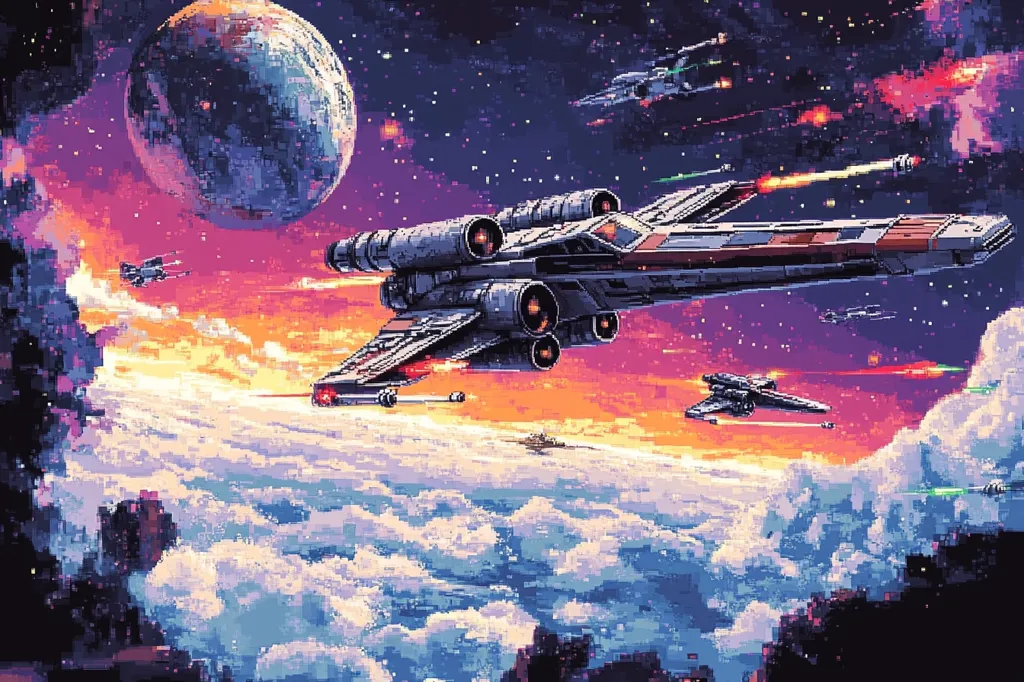 A vibrant pixel art depicts a space battle. A large spaceship, reminiscent of a Star Wars X-wing, dominates the foreground, engines blazing, amidst a flurry of laser fire. Smaller fighters engage in combat against a backdrop of a colorful nebula, a large planet, and fluffy clouds below. The scene evokes a dynamic and energetic space battle, rendered in a retro 8-bit style.  The overall color palette is warm, with sunset hues contrasted against the cool blues and purples of space.