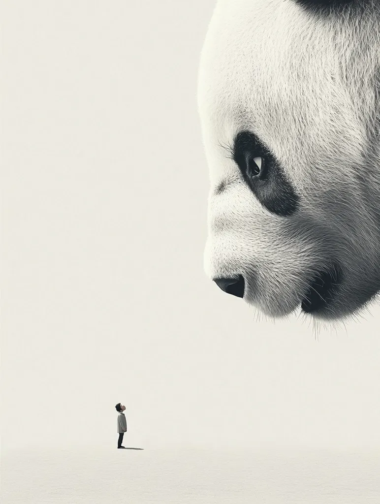 Here's a description of the image:

The image presents a stark contrast in scale. A small, lone figure, seemingly a child in a light-colored coat, stands on a vast, empty plain, gazing upward.  Dominating the frame is the immense, close-up profile of a giant panda's head, its fur meticulously detailed, its eye fixed on the small figure below. The monochromatic palette emphasizes the dramatic difference in size and creates a somewhat unsettling, surreal atmosphere. The overall mood is one of awe, vulnerability, and perhaps even a hint of impending threat.