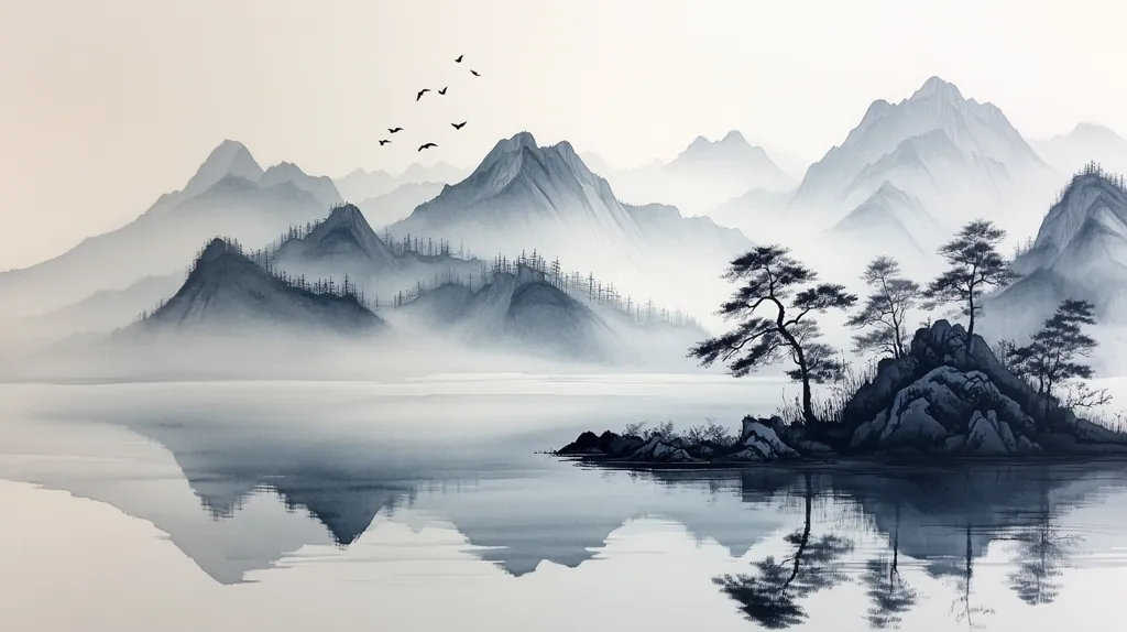 A serene watercolor painting depicts a misty mountain range reflected in a calm lake.  Several dark blue-grey peaks rise from the water, their silhouettes softened by the fog.  A small island, topped with dark pines, sits in the foreground, adding a touch of contrast.  A few birds fly high above the mountains, completing the peaceful and tranquil scene. The overall palette is muted blues and greys, evoking a sense of calm and solitude.