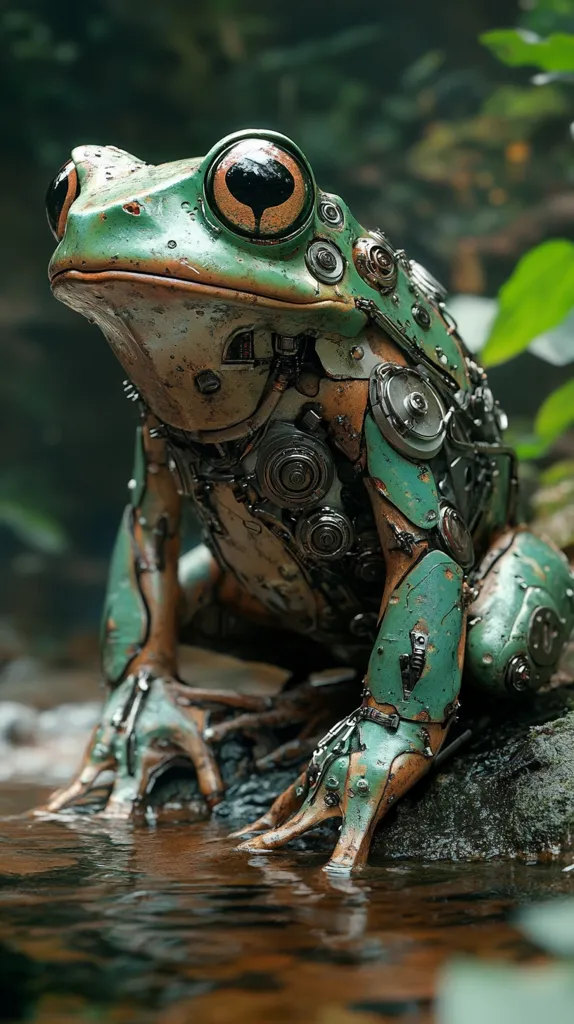 Here is a description of the image:

The image shows a meticulously detailed steampunk frog, seemingly crafted from metal and gears.  Its body is predominantly teal and bronze, exhibiting a weathered, aged appearance.  The frog's large, expressive eyes are a striking black and orange.  It sits perched on a dark, mossy rock beside a shallow stream, its mechanical limbs partially submerged in the water.  The background is blurred but suggests a lush, natural environment. The overall effect is a blend of organic and mechanical elements, creating a captivating visual of a biomechanical creature in a serene setting.