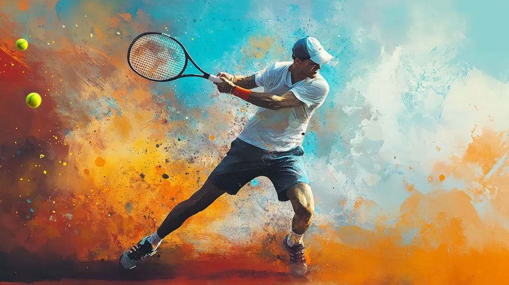 Here's a description of the image:

The image is a dynamic painting or digital artwork depicting a male tennis player in action. He's mid-swing, his body angled, racket connecting with an unseen ball.  His attire is classic tennis wear: a white shirt and dark shorts.  The background is a vibrant explosion of orange and blue paint splatters, suggesting movement and energy. Two tennis balls are visible in the air, adding to the sense of motion. The overall style is expressive and energetic, capturing the intensity of the sport.