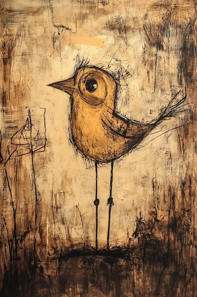 An abstract painting depicts a stylized bird in ochre tones against a textured, earth-toned background. The bird has a large, expressive eye and long, thin legs.  The background is a blend of browns and beiges, with visible brushstrokes and a sense of depth created through layering.  Two dark, slender lines rise in the left background, resembling stylized plants or fence posts. The overall style is expressive and slightly melancholic.