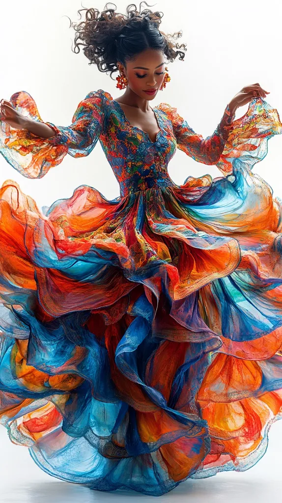 A Black woman with curly hair, wearing vibrant earrings, is captured in mid-movement.  She twirls in a flowing, multi-layered gown. The dress is a kaleidoscope of blues, oranges, and reds, creating a dynamic splash of color. The fabric billows dramatically, emphasizing the energy and grace of her pose against a stark white background. The overall image is one of vibrant motion and artistic expression.