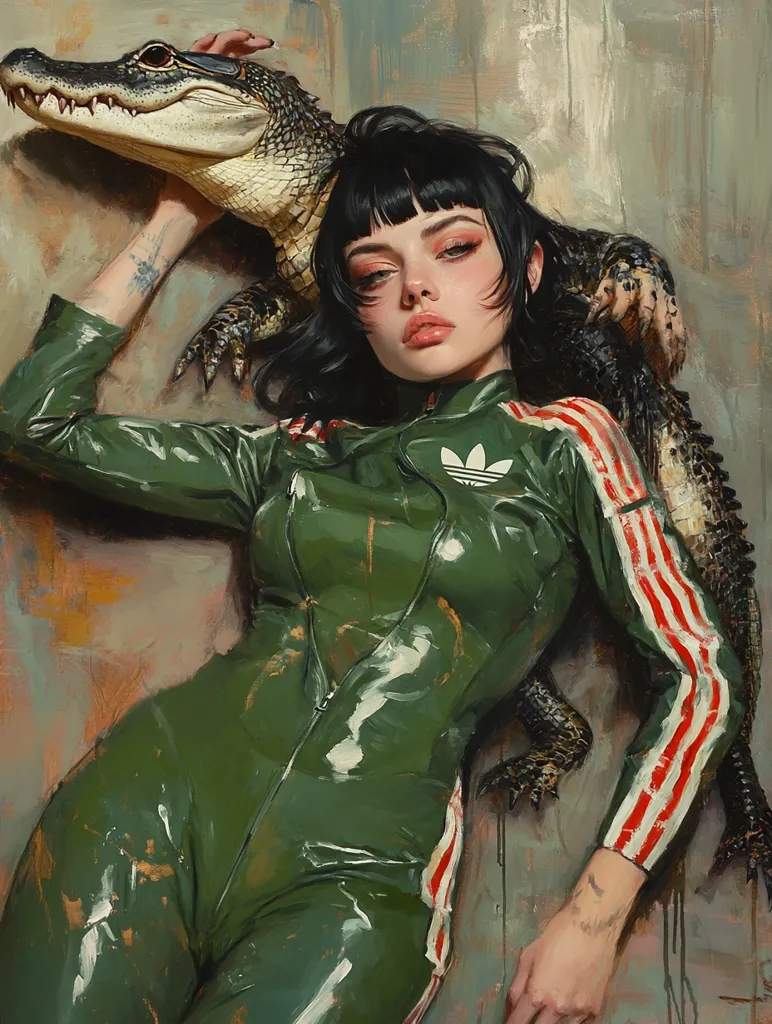 The painting depicts a young woman with dark, blunt bangs, wearing a glossy olive green Adidas-style jumpsuit.  She reclines languidly, one arm draped over a large alligator resting beside her. The woman's expression is serene yet slightly unnerving. The style is hyperrealistic, with detailed rendering of both the woman's skin and the alligator's scales, creating a striking contrast between delicate beauty and raw power. The background is a textured, muted palette of greens and browns. The overall mood is one of unexpected juxtaposition and intriguing tension.