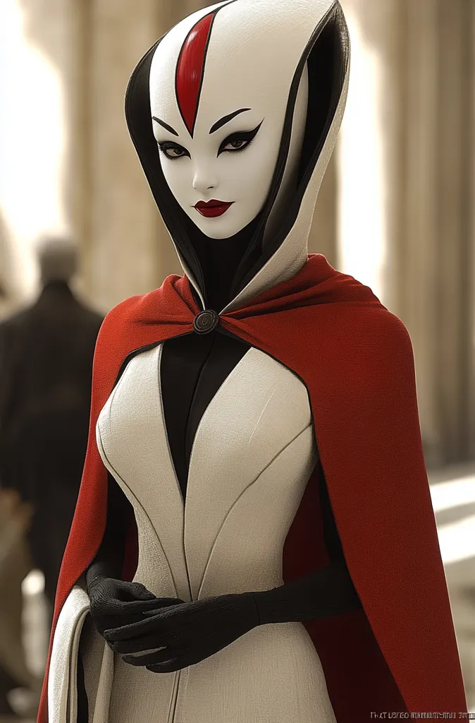 Here is a description of the image:

The image showcases a striking, stylized female figure, possibly an alien or fantasy character. She is elegantly dressed in a cream-colored, form-fitting gown with a deep V-neckline, overlaid by a rich red cape. Her head is adorned with a unique, sculpted headdress featuring a central red stripe against a white background, giving her an otherworldly appearance. Her makeup is sharp and defined, emphasizing her eyes and lips.  She wears long, black gloves and stands with hands clasped in front of her. The background is blurred, suggesting an expansive, possibly classical, architectural space, with a partially visible figure in the distance. The overall aesthetic is sophisticated and otherworldly, reminiscent of science fiction or high fantasy.