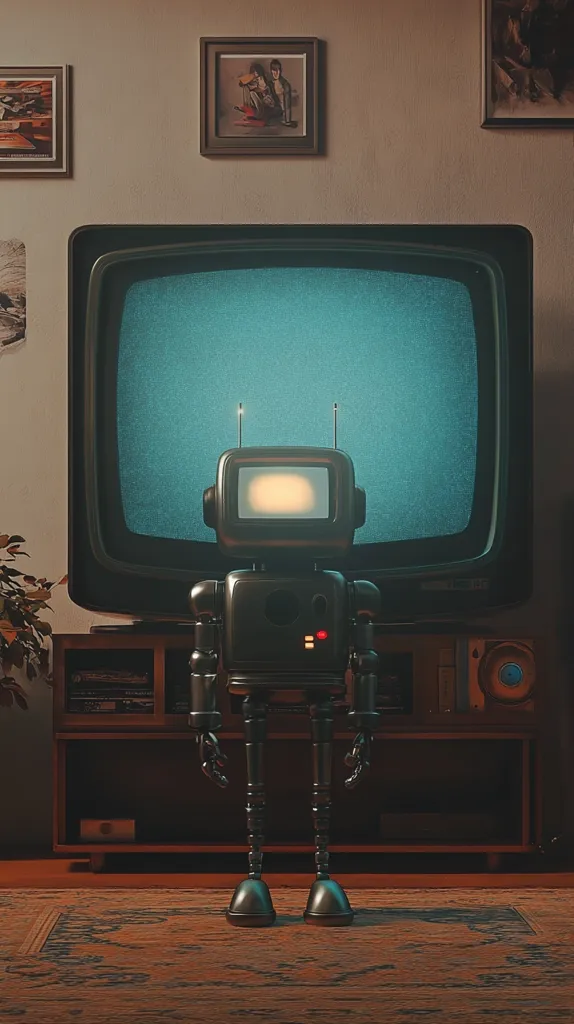 A vintage-style robot stands in front of a large, old television set, its screen displaying static. The scene is set in a dimly lit room with a wood-paneled entertainment center holding various items. Framed pictures hang on the walls, adding to the retro ambiance. The overall mood is nostalgic and slightly melancholic, hinting at a past era of technology and entertainment.  The robot's posture and the static screen evoke a sense of quiet contemplation.