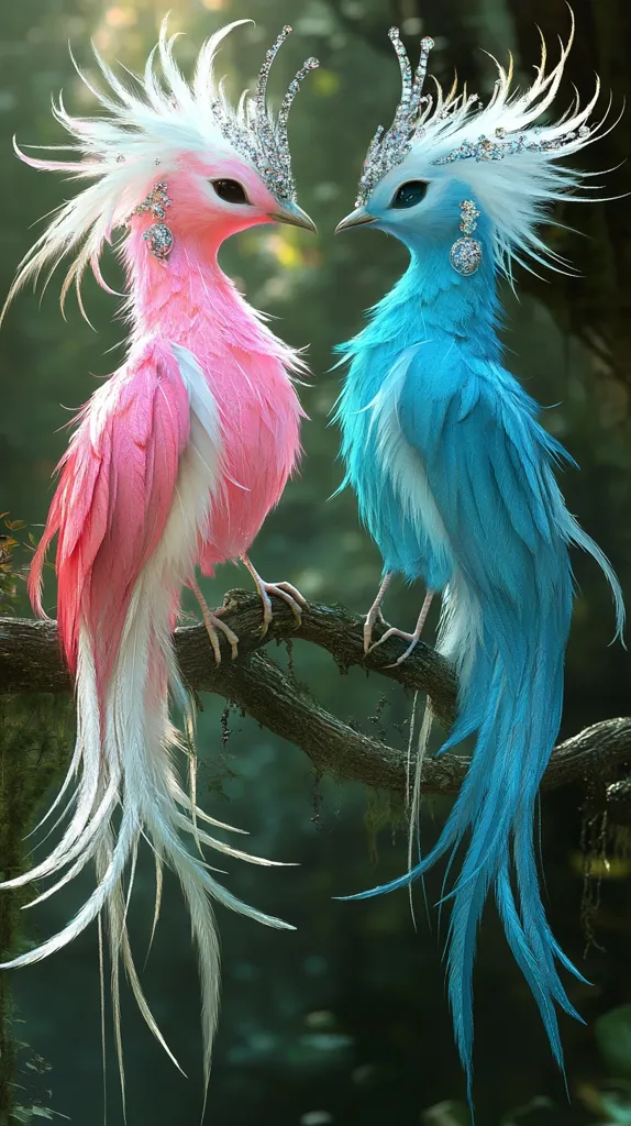 Here is a description of the image:

Two fantastical birds, one pink and one blue, face each other on a moss-covered branch.  Both are adorned with elaborate, jeweled crowns and earrings. Their plumage is incredibly detailed, featuring long, flowing tails and vibrant, almost iridescent feathers. The background is a softly blurred forest scene, highlighting the birds as the central focus. The overall style suggests digital art or a highly realistic painting, emphasizing a magical, whimsical quality.  The birds appear to be in a moment of quiet intimacy.
