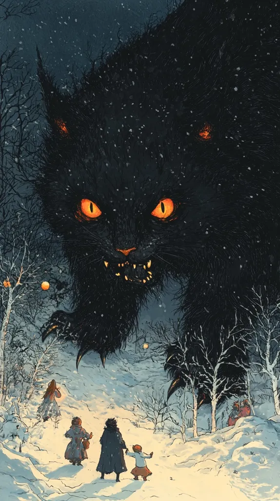 A monstrous, shadowy black cat looms over a snowy landscape, its glowing yellow eyes and sharp teeth menacing.  Small figures, seemingly children and a woman, walk away from the giant feline, their backs turned, creating a sense of impending danger.  The scene is set in a wintry forest at twilight, with falling snow adding to the ominous atmosphere. The overall style is dark fantasy, evoking feelings of fear and unease.