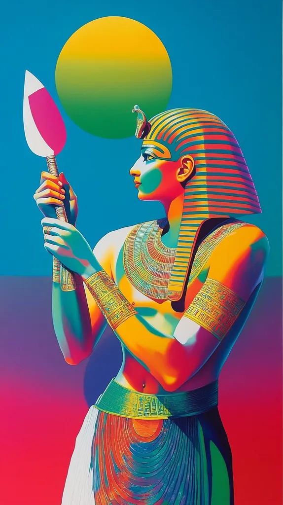 The vibrant artwork depicts a stylized pharaoh, rendered in bold, saturated colors.  The figure, in profile, holds a stylized ankh or scepter.  The pharaoh's headdress and jewelry are intricately detailed, contrasted against a backdrop of a bright, gradient sun and a two-toned sky. The overall style is a bold, modern interpretation of ancient Egyptian art.  The color palette is intense, using neon shades of yellow, green, blue, magenta, and orange.