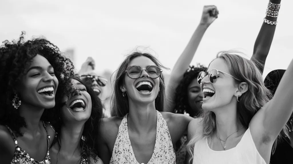 Here's a description of the image:

A black and white photograph captures a joyous group of women, their arms intertwined, radiating happiness.  Their laughter is evident in their wide, open mouths and bright eyes.  They wear sunglasses and stylish clothing, suggesting a festive outdoor setting, possibly a concert or celebration.  The overall mood is one of carefree fun and strong female camaraderie.  The image focuses on their exuberant expressions and close physical proximity, highlighting their shared excitement.