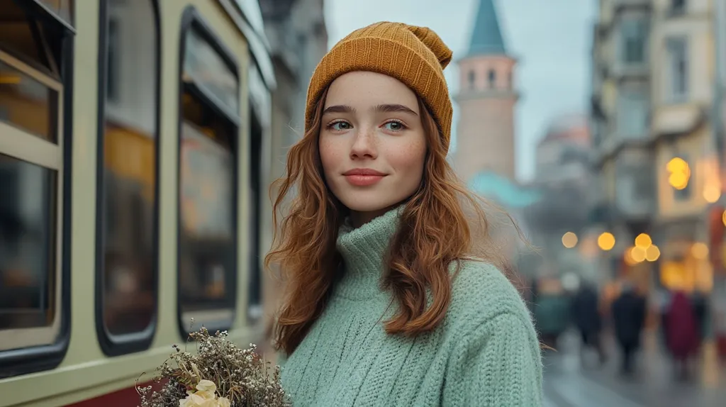 A young woman with auburn hair, wearing a mustard-colored beanie and a light green knit sweater, stands near a vintage tram.  She holds a small bouquet of dried flowers.  The background is a softly blurred cityscape, suggesting a European setting, with old buildings and warm streetlights visible.  Her expression is pleasant and slightly pensive, creating a calm and charming portrait.