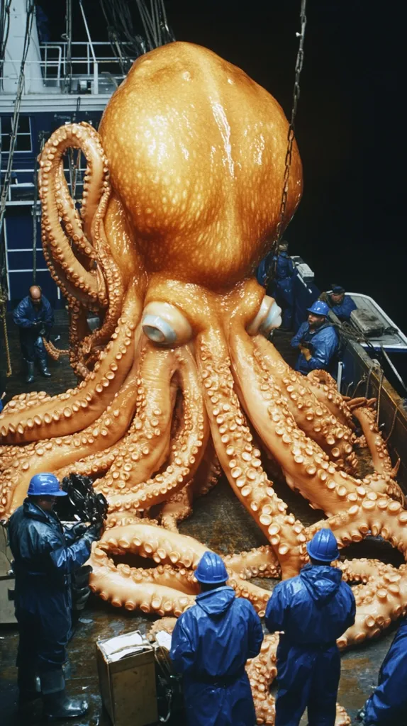A colossal octopus, seemingly a model or prop, dominates the scene. Its massive body and numerous tentacles are a striking orange-brown hue, glistening with a wet sheen. Several individuals in blue protective work gear are clustered around it on the deck of a ship, possibly a film set or research facility. The backdrop hints at the dark interior of a vessel's hull, emphasizing the immense scale of the octopus. The overall impression is one of awe and perhaps a hint of the uncanny.