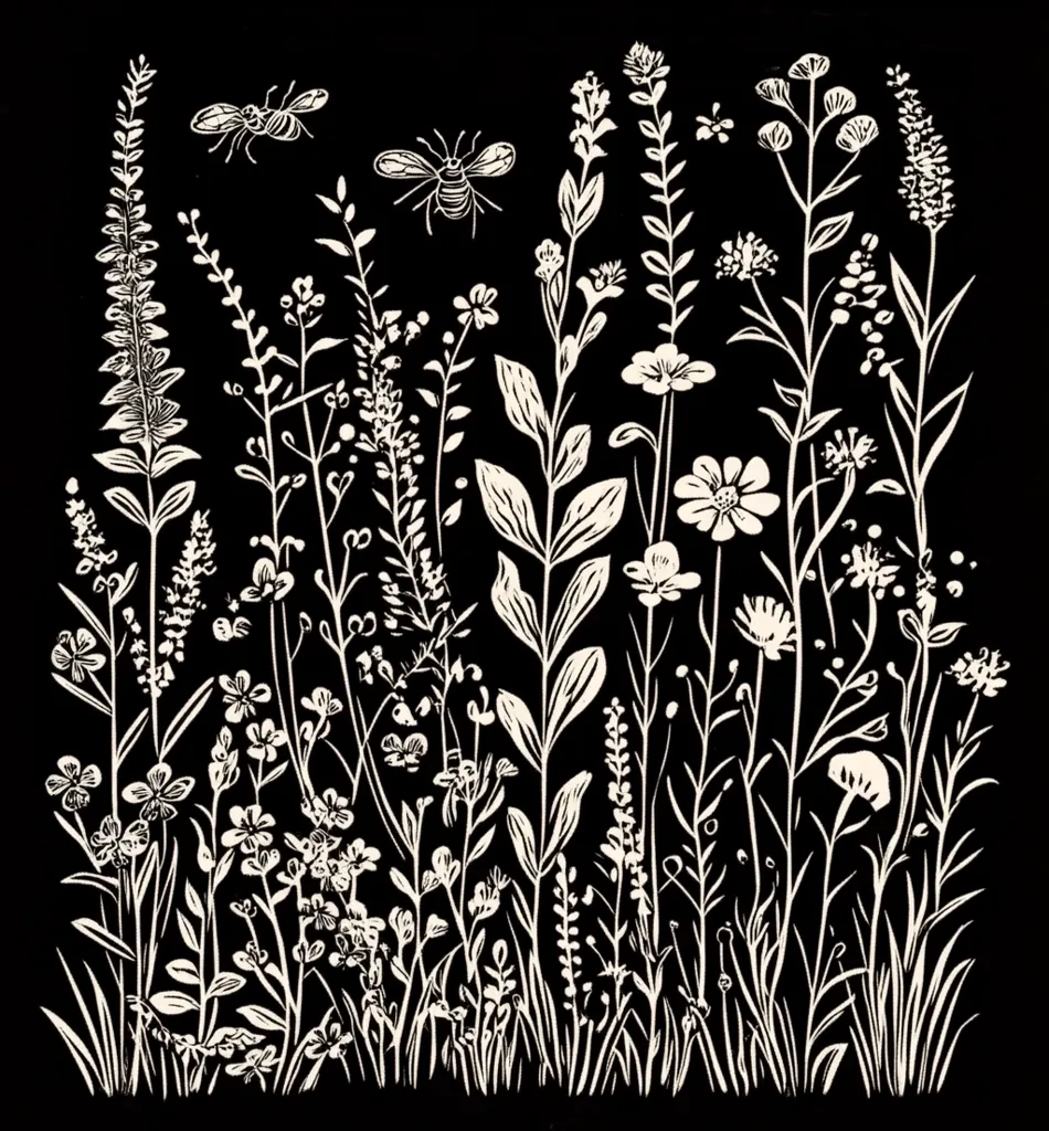Here's a description of the image:

The image is a stylized linocut or woodcut print depicting a field of wildflowers and two bees against a solid black background.  The flora is rendered in stark white, showcasing a variety of plant heights, shapes, and flower forms.  The plants are densely packed together, creating a sense of a vibrant, natural meadow.  Two bees, also in white, are positioned above the wildflowers, adding to the naturalistic scene. The overall style is minimalist yet detailed, emphasizing the graphic quality of the shapes and lines. The contrast between the black and white is striking.