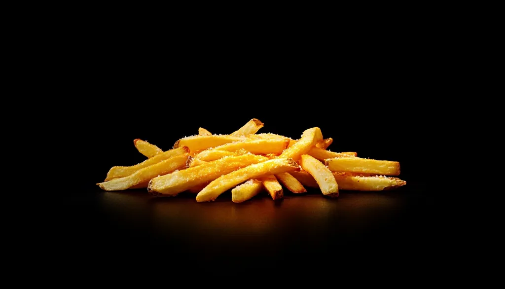 A pile of golden-brown french fries sits on a dark, reflective surface against a black background.  The fries are visibly seasoned, with a light dusting of salt apparent.  The image is sharply focused, highlighting the texture and crispness of the fries. The dark background enhances the vibrant color of the food, making it the central focus.  The lighting is dramatic, creating a visually appealing contrast.