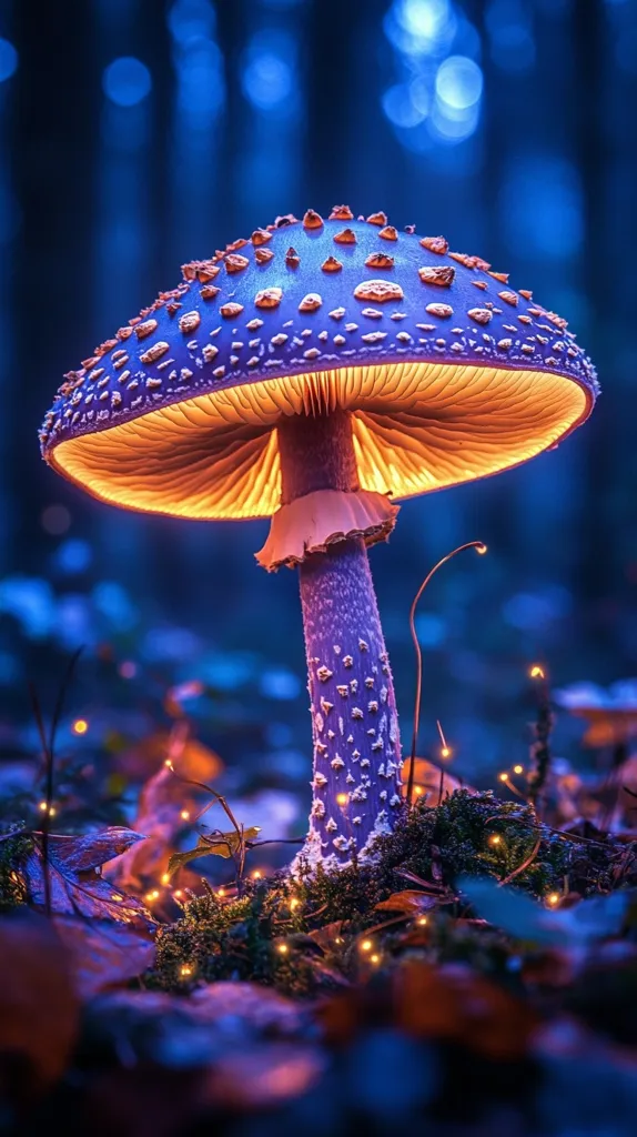 A large, vibrant purple mushroom with orange-gold spots on its cap glows with an inner light.  Its stem is a similar purple, textured with small, lighter dots.  It sits amongst mossy ground cover and fallen leaves, illuminated by tiny, warm-toned fairy lights that create a magical, enchanted forest scene. The background is a deep blue, suggesting twilight or night in a wooded area. The overall effect is surreal and dreamlike.