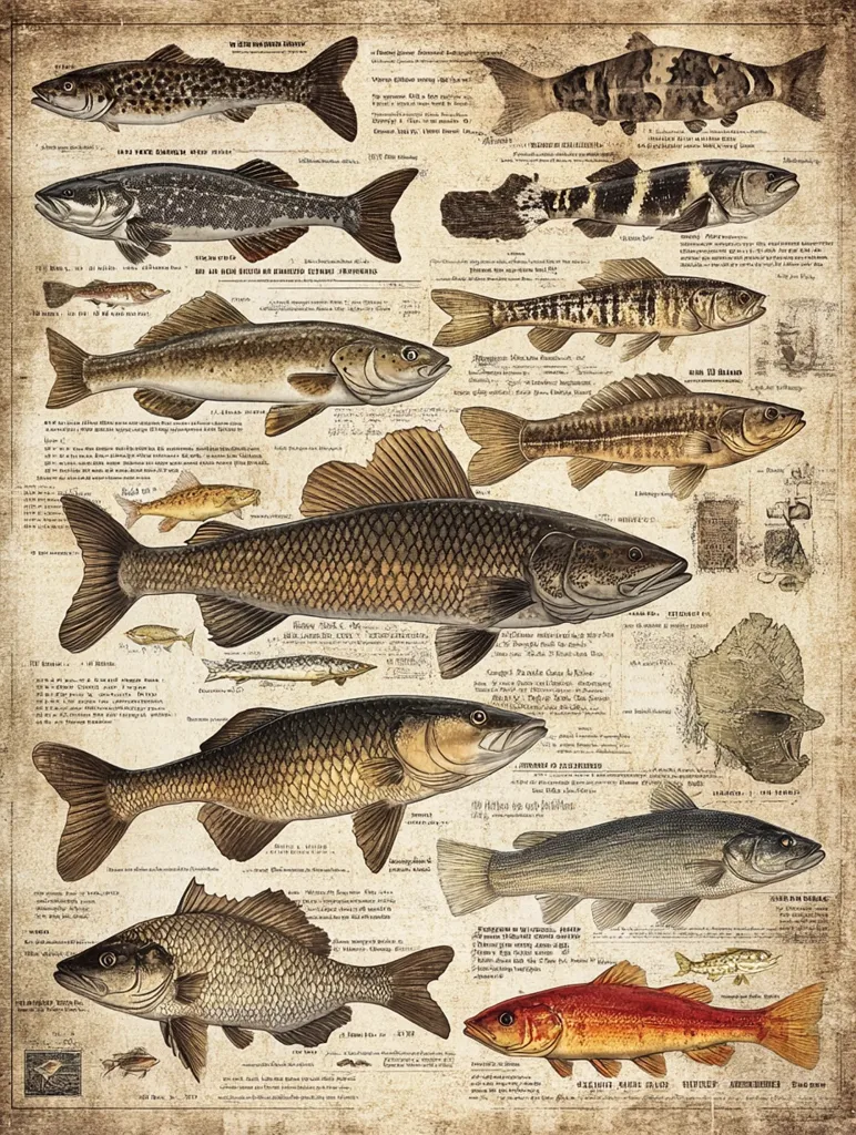 This vintage-style print depicts a diverse array of fish, meticulously illustrated with detailed shading and textures.  Each fish is labeled, suggesting a scientific or educational purpose. The background is a parchment-like texture with text in an antique font, adding to the aged aesthetic.  The composition is crowded yet organized, showcasing a wide variety of species, from small fish to large, robust ones.  The overall style evokes a sense of history and natural history illustration.