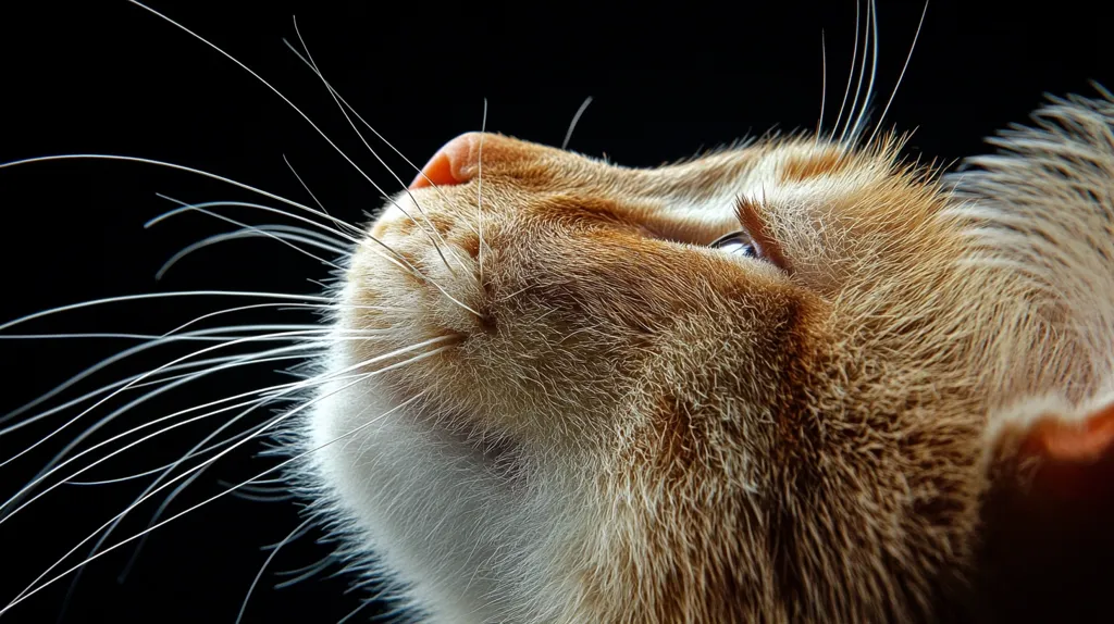 Here's a description of the image:

Close-up profile view of an orange tabby cat's face, tilted upwards. Its long white whiskers extend prominently against a completely black background, drawing attention to their delicate structure. The cat's fur is a mix of light orange and cream, appearing soft and slightly fluffy.  The focus is sharpest on the whiskers and the cat's nose, creating a dramatic effect. The cat's eye is partially visible, hinting at a contemplative or curious gaze. The overall impression is one of elegance and serenity.