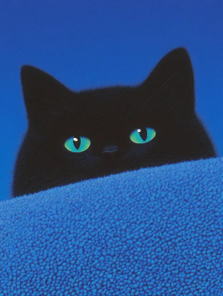 Here's a description of the image:

Close-up view of a black cat's face peering over a textured blue surface. The cat's fur is dark and appears very soft, contrasting with its bright, luminous green eyes that stand out against its black fur. Only the cat's head and upper shoulders are visible, creating a sense of mystery and intrigue. The background is a solid, deep blue, matching the color of the textured material which seems like a thick blanket or rug, covering the lower part of the image.  The overall style is reminiscent of pop art or a stylized illustration.